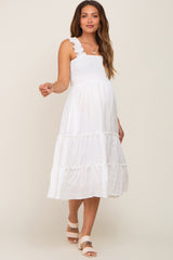 White Smocked Square Neck Ruffle Strap Tiered Maternity Midi Dress