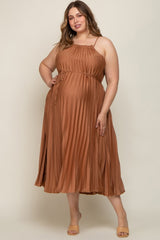 Mocha Pleated Sleeveless Waist Tie Maternity Plus Maxi Dress