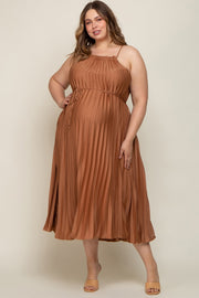 Mocha Pleated Sleeveless Waist Tie Maternity Plus Maxi Dress