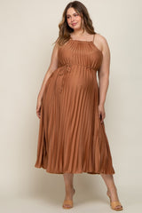 Mocha Pleated Sleeveless Waist Tie Maternity Plus Maxi Dress