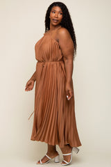 Mocha Pleated Sleeveless Waist Tie Plus Maxi Dress