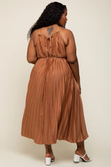 Mocha Pleated Sleeveless Waist Tie Plus Maxi Dress