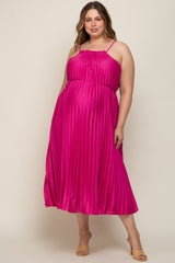 Fuchsia Pleated Sleeveless Waist Tie Maternity Plus Maxi Dress