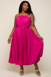 Fuchsia Pleated Sleeveless Waist Tie Plus Maxi Dress