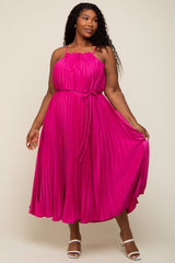 Fuchsia Pleated Sleeveless Waist Tie Maternity Plus Maxi Dress