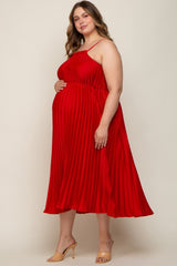 Red Pleated Sleeveless Waist Tie Maternity Plus Maxi Dress