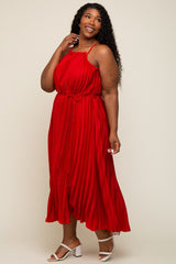 Red Pleated Sleeveless Waist Tie Plus Maxi Dress