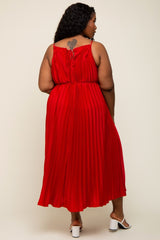 Red Pleated Sleeveless Waist Tie Plus Maxi Dress