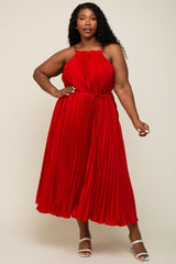 Red Pleated Sleeveless Waist Tie Plus Maxi Dress