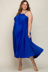 Royal Blue Pleated Sleeveless Waist Tie Maternity Plus Maxi Dress