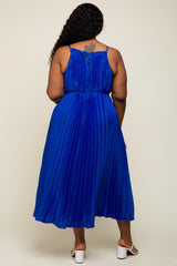 Royal Blue Pleated Sleeveless Waist Tie Plus Maxi Dress