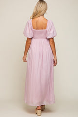 Light Pink Shimmer Chiffon Short Puff Sleeve Maternity Maxi Dress