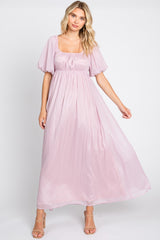 Light Pink Shimmer Chiffon Short Puff Sleeve Maternity Maxi Dress