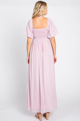 Light Pink Shimmer Chiffon Short Puff Sleeve Maxi Dress