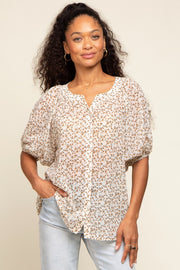 Ivory Floral Semi Sheer Puff Sleeve Blouse