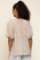 Ivory Floral Semi Sheer Puff Sleeve Blouse