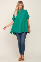 Green Button Up Contrast Stitch Short Sleeve Top