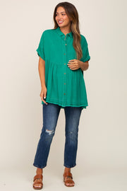 Green Button Up Contrast Stitch Short Sleeve Maternity Top