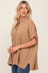 Mocha Button Up Contrast Stitch Short Sleeve Top