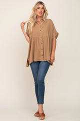 Mocha Button Up Contrast Stitch Short Sleeve Top