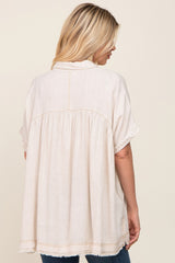 Cream Button Up Contrast Stitch Short Sleeve Top