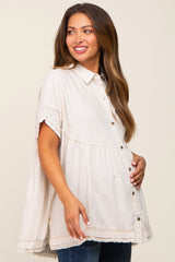 Cream Button Up Contrast Stitch Short Sleeve Maternity Top