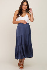 Navy Blue Tiered Maternity Midi Skirt