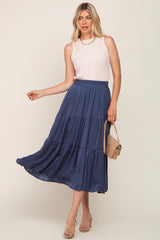 Navy Blue Tiered Maternity Midi Skirt