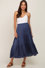 Navy Blue Tiered Maternity Midi Skirt