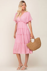 Pink Ruffle Tiered V-Neck Maternity Midi Dress