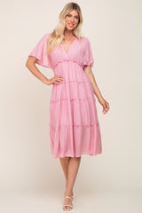 Pink Ruffle Tiered V-Neck Midi Dress