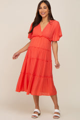 Coral Ruffle Tiered V-Neck Maternity Midi Dress