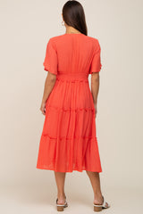 Coral Ruffle Tiered V-Neck Maternity Midi Dress