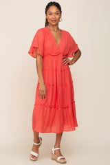 Coral Ruffle Tiered V-Neck Maternity Midi Dress