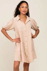 Taupe Collared Button Front Tiered Dress