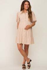 Taupe Collared Button Front Tiered Maternity Dress