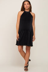 Black Pleated Plisse Halter Maternity Dress