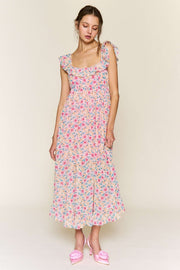 Pink Floral Chiffon Ruffle Neck Back Tie Midi Dress