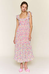 Pink Floral Chiffon Ruffle Neck Back Tie Maternity Midi Dress