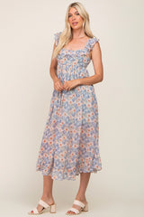 Light Blue Floral Chiffon Ruffle Neck Back Tie Midi Dress