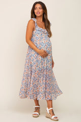 Light Blue Floral Chiffon Ruffle Neck Back Tie Maternity Midi Dress