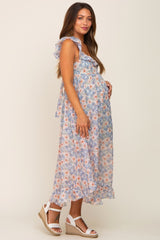 Light Blue Floral Chiffon Ruffle Neck Back Tie Maternity Midi Dress