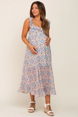 Light Blue Floral Chiffon Ruffle Neck Back Tie Maternity Midi Dress