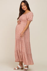 Rust Animal Print Smocked Maternity Maxi Dress