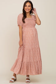 Rust Animal Print Smocked Maternity Maxi Dress