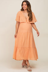 Peach Textured Stripe Deep V-Neck Layered Sleeve Maternity Maxi Dress