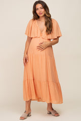 Peach Textured Stripe Deep V-Neck Layered Sleeve Maternity Maxi Dress