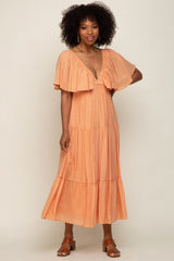 Peach Textured Stripe Deep V-Neck Layered Sleeve Maxi Dress