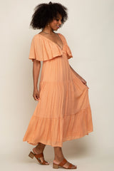 Peach Textured Stripe Deep V-Neck Layered Sleeve Maxi Dress