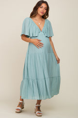 Mint Green Textured Stripe Deep V-Neck Layered Sleeve Maternity Maxi Dress